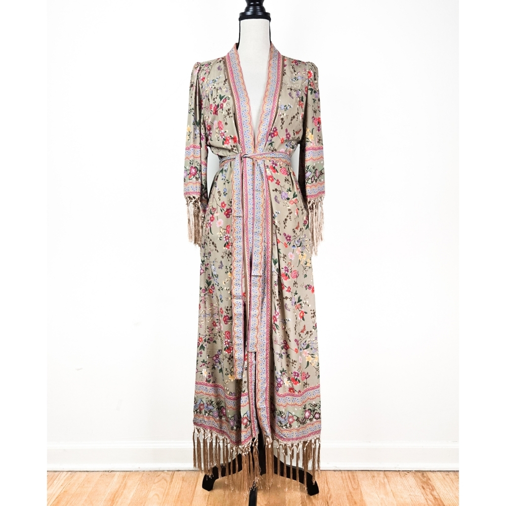 NWT Tulle and Batiste Phoenix Long Fringed Robe, Warm Taupe, Size S/M